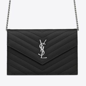 CASSANDRE SAINT LAURENT MATELASSÉ ENVELOPE CHAIN WALLET BLACK